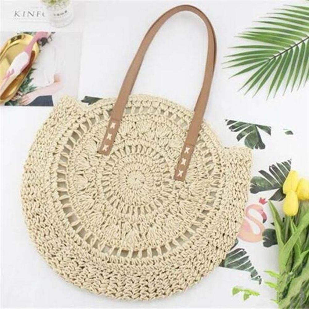 Round Cream Straw Shoulder Shoulder Bag